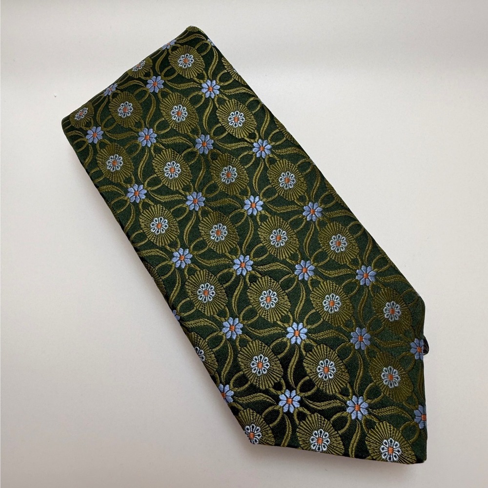 Ike Behar Silk Tie 3.5" Olive Green Floral Medallion Embroidered Retro Classic